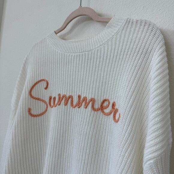 Moon & Madison Summer Knit Sweater White Orange Lettering Women Size L - Picture 2 of 7